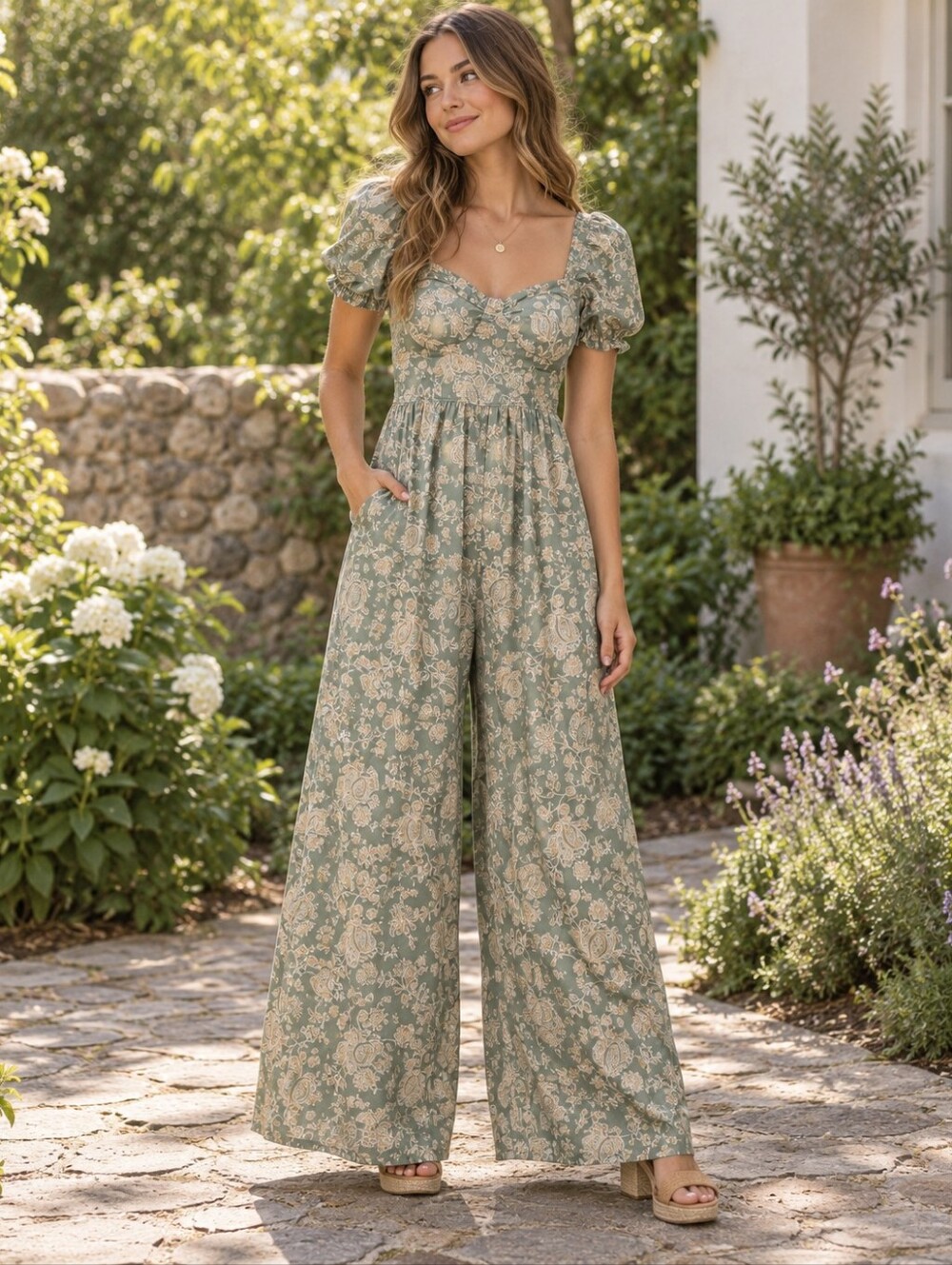 Land of the Free Jumpsuit L Sage Green Floral Puff Sleeve Wide Leg Boho